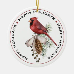 Festive Red Cardinal with Pine Cone Happy Holidays Ceramic Ornament