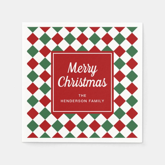 Festive Red Checked Merry Christmas Napkin (Front)