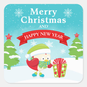 Festive Red Christmas Bird & Present Square Sticker