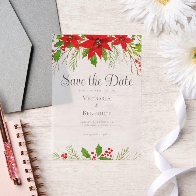 Festive Red Christmas Botanical Save the Date Vellum Invitations (Wedding)