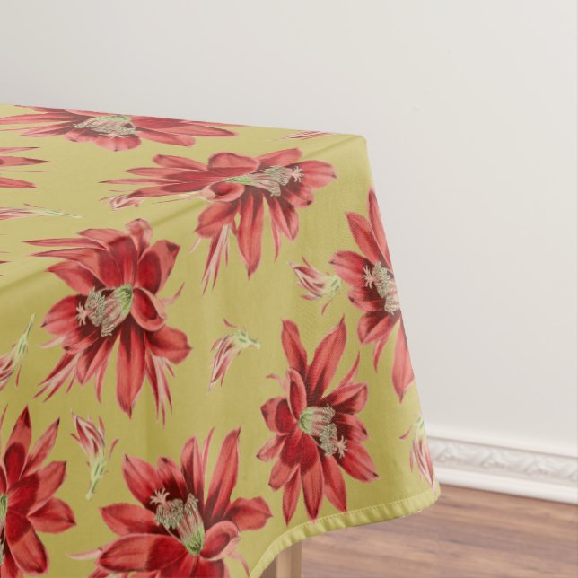 Festive Red Christmas Cactus Flowers on Gold Tablecloth (In Situ)