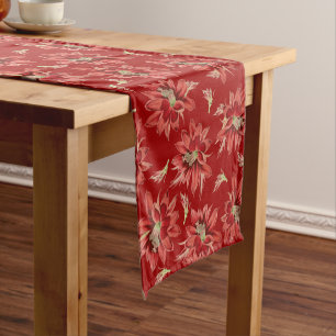 Festive Red Christmas Cactus Flowers Short Table Runner