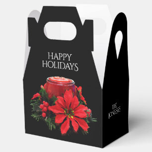 Festive Red Christmas Candle, Holly and Poinsettia Favor Box
