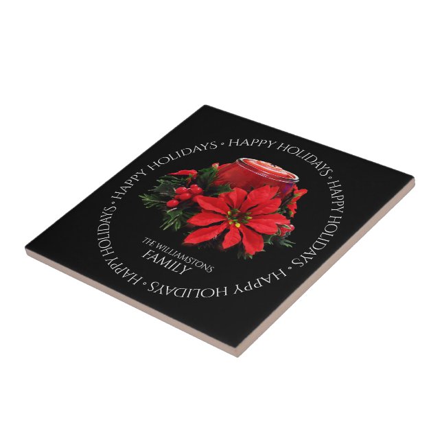 Festive Red Christmas Candle, Holly and Poinsettia Tile (Side)