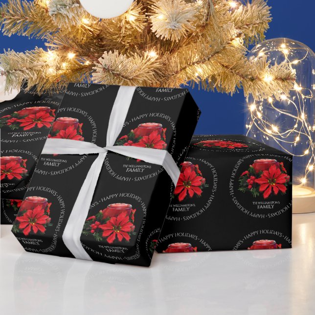Festive Red Christmas Candle, Holly and Poinsettia Wrapping Paper (Holidays)