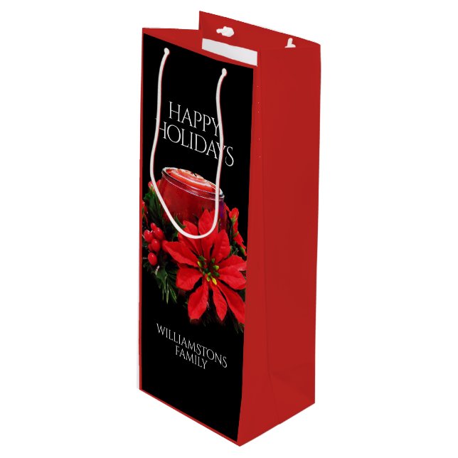 Festive Red Christmas Candle Holly Poinsettias Wine Gift Bag (Front Angled)