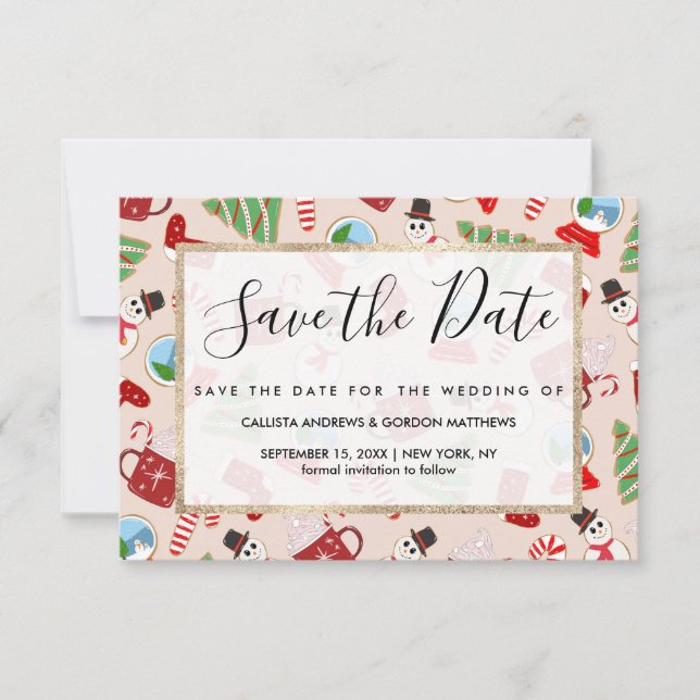 Festive Red Christmas Cookie Illustration Pattern Save The Date (Front)