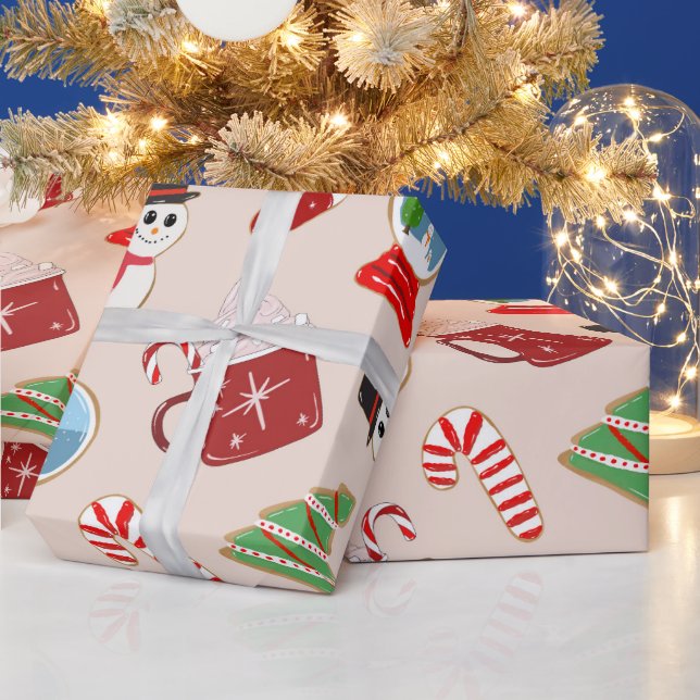 Festive Red Christmas Cookie Illustration Pattern Wrapping Paper (Holidays)