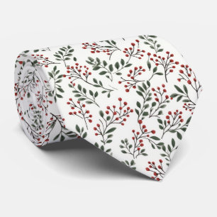 Festive Red Christmas Holly Berries and Greenery Tie