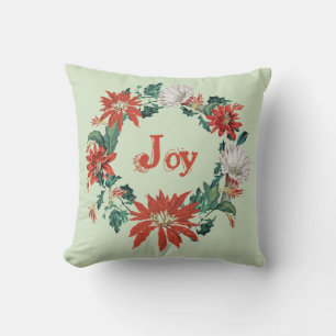 Festive Red Christmas Joy Floral Wreath on Sage Throw Pillow