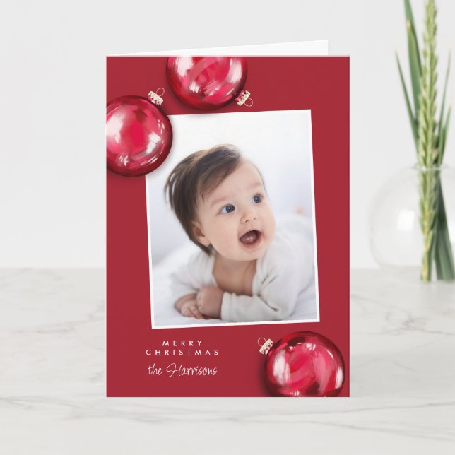 Festive Red Christmas Ornaments Photo Card (Front)