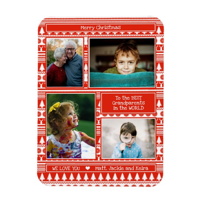 Festive Red Christmas Pattern Grandparents Photo Magnet (Vertical)