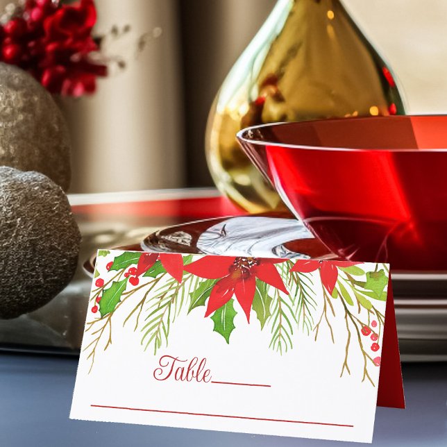 Festive Red Christmas Poinsettia Holiday Wedding Place Card (Creator Uploaded)