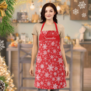 Festive Red Christmas Snowflakes Winter Holidays Apron