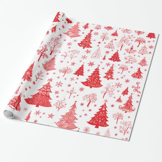 Festive Red Christmas Tree Wrapping Paper (Unrolled)