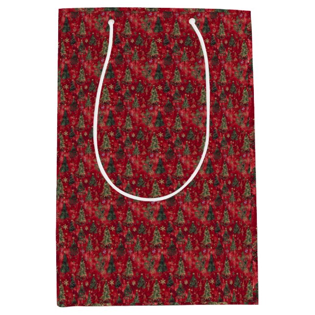 Festive Red Christmas Trees with Snowflakes Medium Gift Bag (Front)