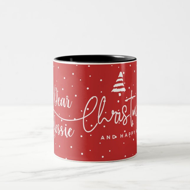 Festive Red Christmas Wishes with Custom Name Two-Tone Coffee Mug (Center)