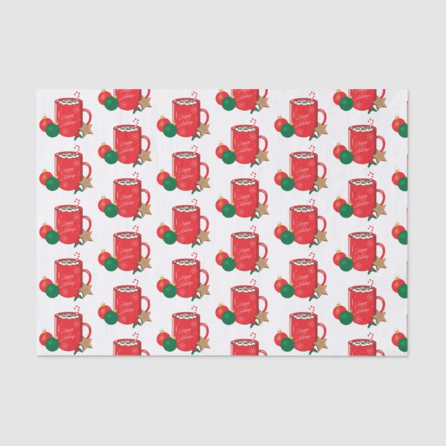 Festive Red Cocoa Cup Pattern Holiday Tissue Paper (Front)