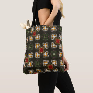 Festive red cross abstract daisies tote bag