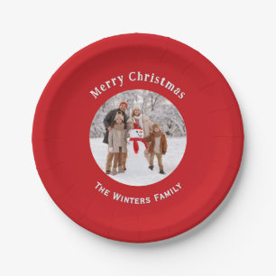 Festive Red Custom Photo Christmas Paper Plate