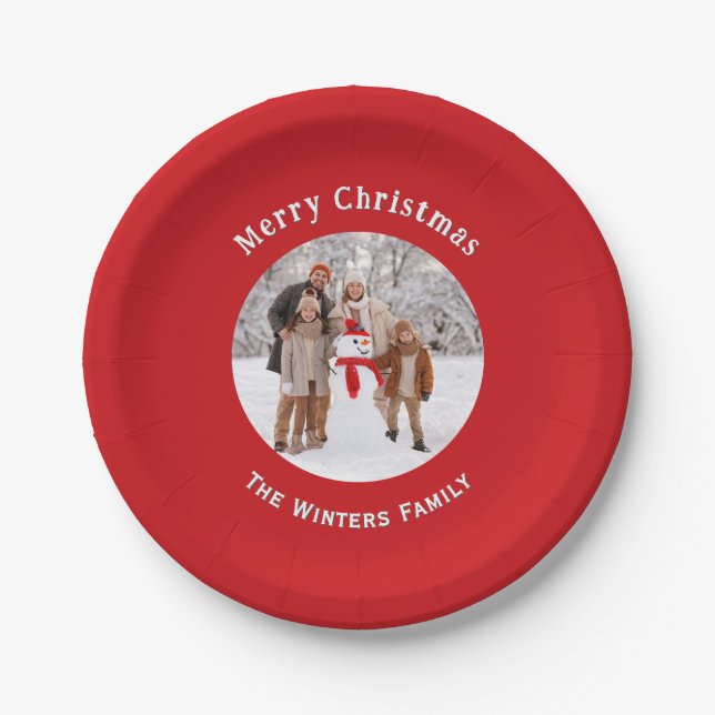 Festive Red Custom Photo Christmas Paper Plate (Front)