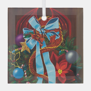 Festive Red Dragon Blue Ribbon Christmas Wreath  Glass Ornament