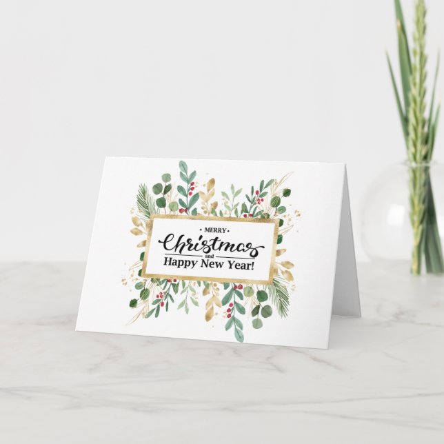 Festive Red Elegant Script Gold Foliage Greenery Holiday Card (Front)