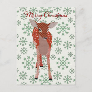 Festive Red Fawn Green Snowflake  Postcard Christm