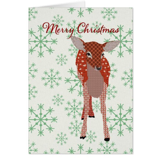 Festive Red Fawn Green Snowflakes Christmas Card