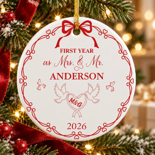 Festive Red First Year As Mrs & Mr Custom Name Ceramic Ornament