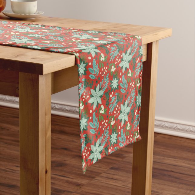 Festive Red Floral Christmas Pattern Short Table Runner (In Situ)