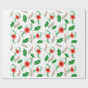 Festive Red Floral & Green Foliage Wrapping Paper 