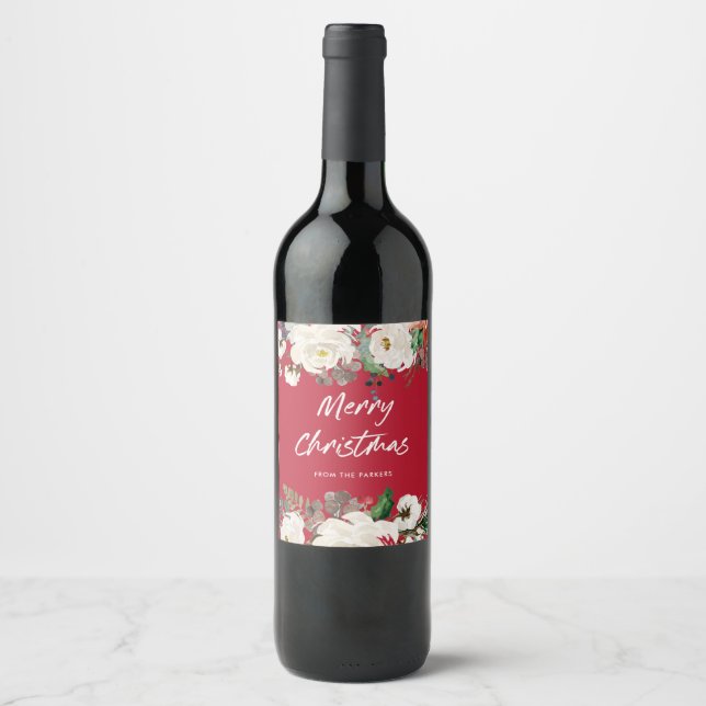 Festive Red Floral | Merry Christmas Wine Label (Front)