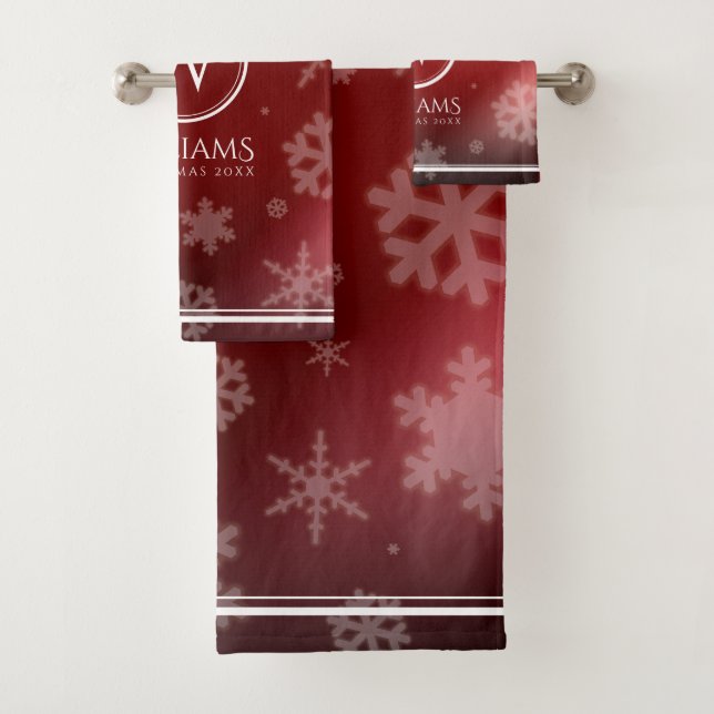 Festive Red Foil Snowflakes Monogram Name Bath Towel Set (Insitu)