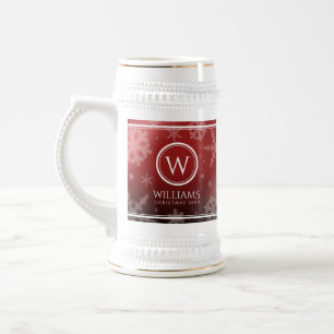 Festive Red Foil Snowflakes Monogram Name Beer Stein