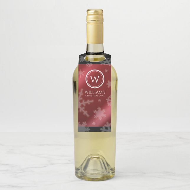 Festive Red Foil Snowflakes Monogram Name Bottle Tag (On Bottle)