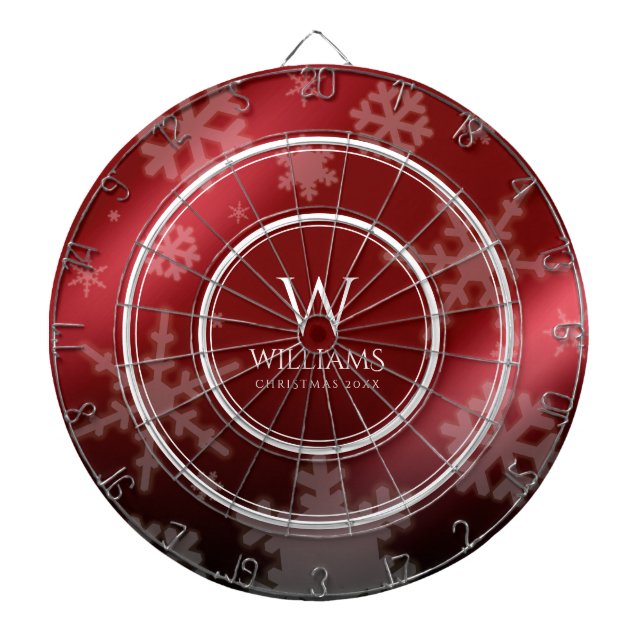 Festive Red Foil Snowflakes Monogram Name Dartboard (Front)