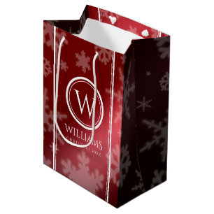 Festive Red Foil Snowflakes Monogram Name Medium Gift Bag