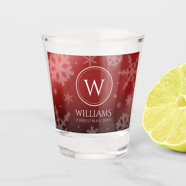 Festive Red Foil Snowflakes Monogram Name Shot Glass (Front)