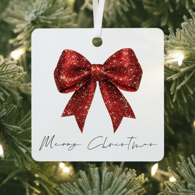 Festive Red Glitter Coquette Bow Merry Christmas Metal Ornament (Insitu)