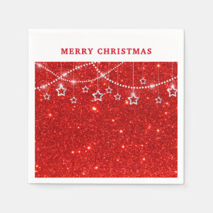 Festive Red Glitter & Stars Merry Christmas Paper Napkin