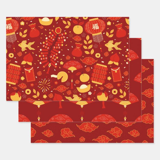 Festive Red & Gold Chinese New Year Icons Wrapping Paper Sheet (Set)