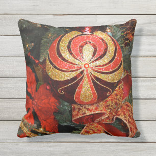 Festive Red Gold Christmas Ornament & Poinsettia Outdoor Pillow