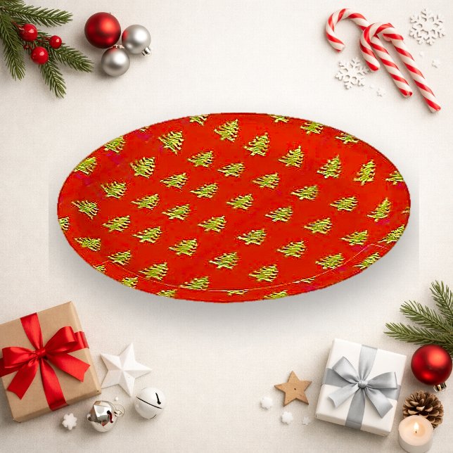 Festive Red Gold Christmas Tree Pattern Paper Plate (Creator Uploaded)