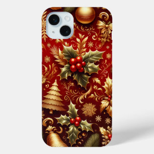 FESTIVE RED & GOLD CHRISTMAS TREES HOLLY iPhone 15 MINI CASE