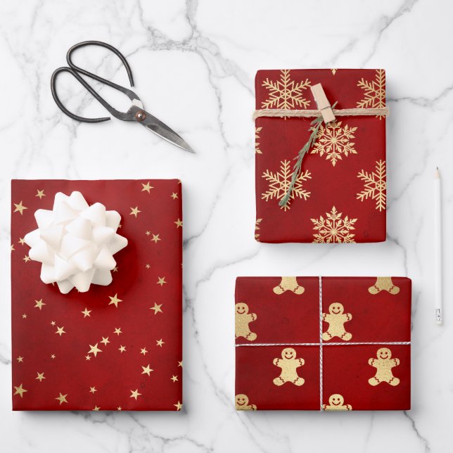 Festive Red & Gold Foil Winter Christmas Patterns Wrapping Paper Sheet (Front)
