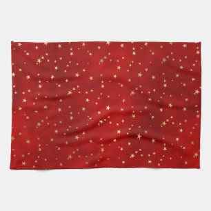Festive Red & Gold Foil Winter Christmas Stars Kitchen Towel
