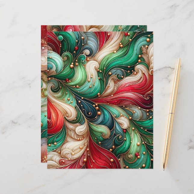 Festive Red & Green Alcohol Ink Scrapbook Paper (Front/Back In Situ)