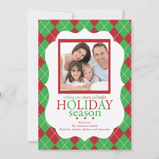 Festive Red & Green Argyle Holiday Photo Card (Front)