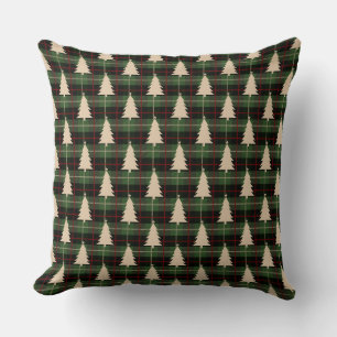 Festive Red, Green & Cream Plaid & Christmas Trees Throw Pillow
